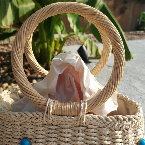 Boho Cottage Farm Straw Beaded Turquoise Blue Bucket Artisy Woven Handbag New - Picture 6 of 9